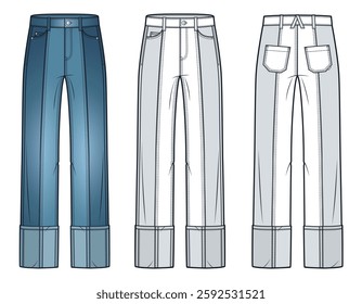 Straight-Leg Cuffed Jeans Technical Fashion Illustration. Color Block Denim Pants fashion flat technical drawing template, pockets, front and back view, white, blue, women, men, unisex CAD mockup set.