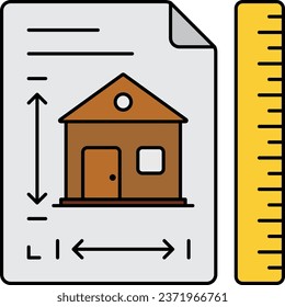 straight-on view of cottage drawing vector icon design, Handyman Service symbol, House Repairing sign Civil Engineering and Building Contractor, Home Front Elevation Diagram with Measurement concept