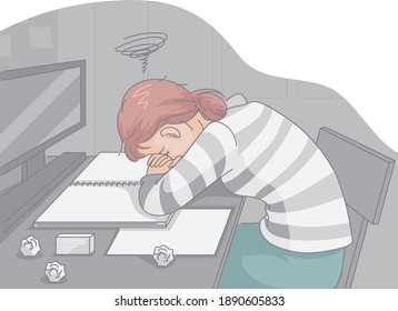 Strain woman. Sleeping on the desk. Hand drawn style vector design illustrations.