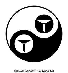 Strainer, filter icon. Vector. Black and white icon inside circles of yin and yang symbol at white background.