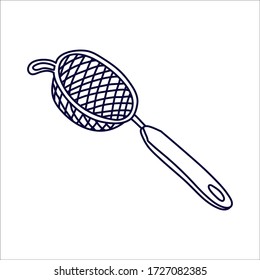 Strainer con mango en forma de doodle. Ilustración vectorial dibujada a mano en tinta negra aislada en fondo blanco. 
