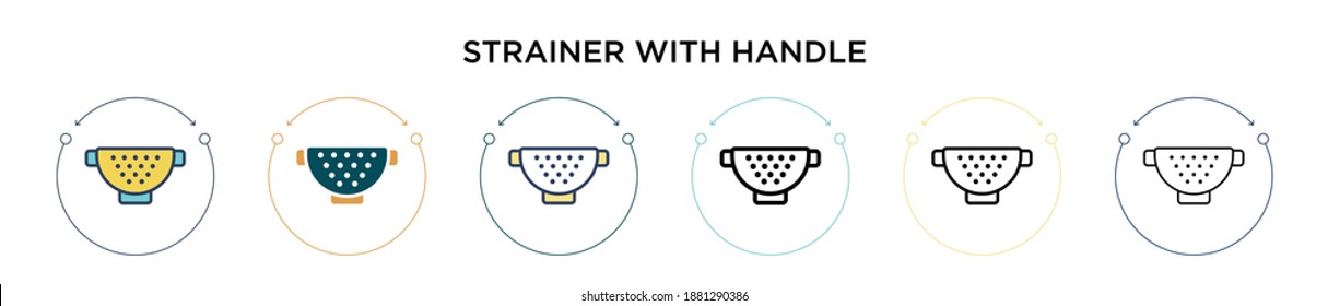 Strainer with handle icon in filled, thin line, outline and stroke style. Vector illustration of two colored and black strainer with handle vector icons designs can be used for mobile, ui, web