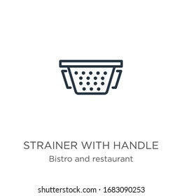 Strainer with handle icon. Thin linear strainer with handle outline icon isolated on white background from bistro and restaurant collection. Line vector sign, symbol for web and mobile