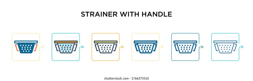 Strainer con icono vector de mango en 6 estilos modernos diferentes. Negro, dos coloreados con iconos de mango diseñados en el estilo relleno, contorno, línea y trazo. La ilustración de vector se puede utilizar para 
