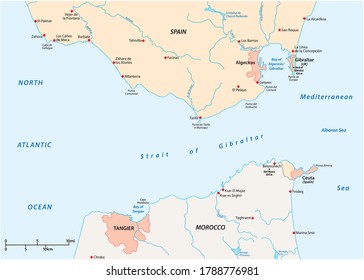 Strait of Gibraltar, waterway between Spain and Morocco vector map