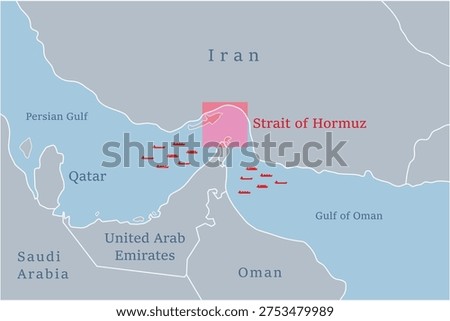 strait of homut area with cargo ship oil tanker and gas tanker iran and neighboring countries map middle east region illustration background vector flat  design