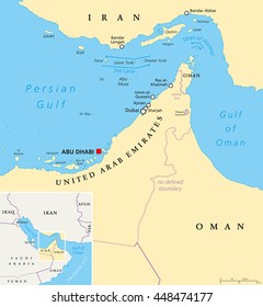 Strait of Hormuz, Abu Musa and the Tunbs political map. Only sea passage from Persian Gulf to Arabian Sea. One of the most strategically important choke points in world. English labelling. Illustration