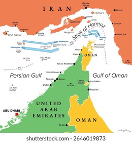 Strait of Hormuz, colored political map showing the shipping lanes. Sea passage from Persian Gulf to open ocean. One of the most strategically important choke points for shipping oil and natural gas.