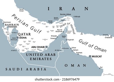 Estrecho de Ormuz, mapa político gris. Vía fluvial entre el Golfo Pérsico y el Golfo de Omán. Estratégicamente muy importante punto de estrangulamiento, con Irán al norte y los Emiratos Árabes Unidos y el enclave de Omán Musandam al sur.