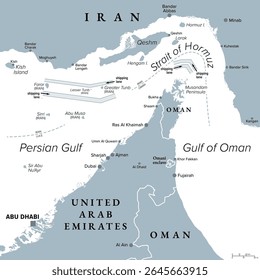 Estreito de Ormuz, mapa político cinza. Apenas passagem marítima do Golfo Pérsico para o oceano aberto. Um dos pontos de estrangulamento estrategicamente mais importantes do mundo para o comércio de petróleo e gás natural.