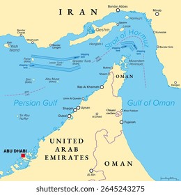 Strait of Hormuz, political map. Provides the only sea passage from Persian Gulf to the open ocean. One of the most strategically important choke points of the world for trading oil and natural gas.