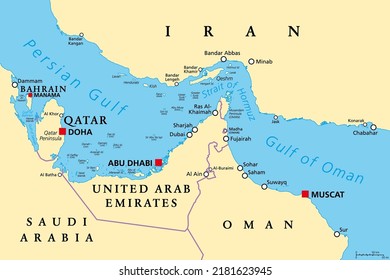 Strait of Hormuz, political map. Waterway between Persian Gulf and Gulf of Oman, a strategically extremely important choke point, with Iran to the north and UAE and Oman exclave Musandam to the south.