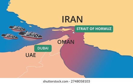 Strait of Hormuz in the sea MAP. Vector illustration