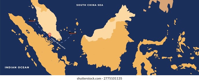 Strait of Malacca map flat illustration