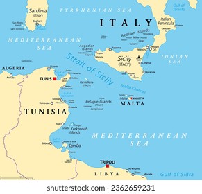 Strait of Sicily, political map. Also known as Sicilian Channel. A strait, located in the Mediterranean Sea, between Tunisia and Sicily, Italy. With Pantelleria, and with Aegadian and Pelagie Islands.