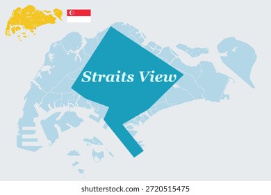 Mapa de Singapura com Bandeira - Área de Planejamento Não Desenvolvida e Contorno Vetorial da Zona Waterfront