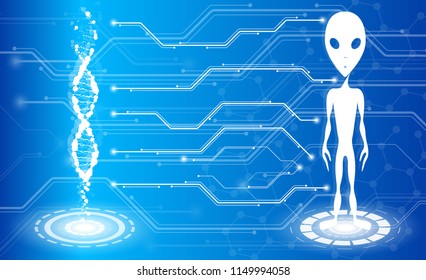 Strand of DNA and an alien on a blue background. Medical technology of the future. Cloning creatures, DNA tests, tests.