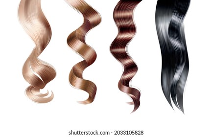 Strand of hair realistic set with isolated images of female hair twirls with different dye applied vector illustration