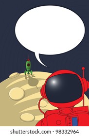 Stranded astronaut with speech bubble, comic art style graphic