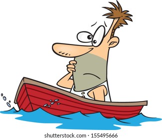 Stranded cartoon man sitting in a dingy boat
