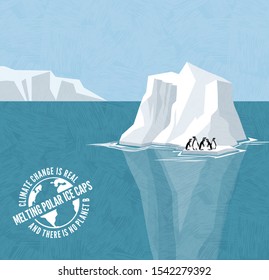 Gestriebene Pinguine auf dem Eisberg. Schmelzen der Eiskappen und Anstieg des Meeresspiegels. Klimaschutz-Serie der globalen Erwärmung mit Warnstempeln. Vektorgrafik.