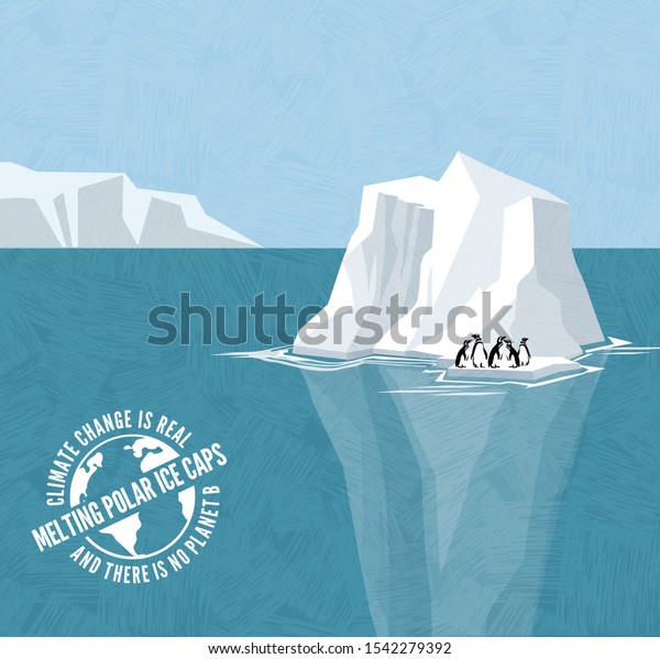 氷山の上に取り残されたペンギン 極地の氷冠を溶かし 海面を上げる 気候変動に関する地球温暖化シリーズ 警告スタンプ付 ベクターイラスト のベクター画像素材 ロイヤリティフリー