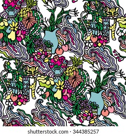 Stranded seamless vector pattern with images of waves, flowers and fruits.