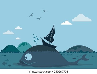 Stranded ship on the whale.Vector illustration.