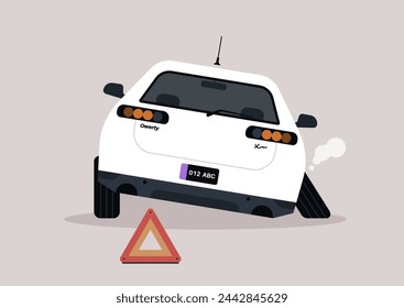 Stranded Vehicle With Emergency Triangle on a Desolate Road, A car with a detached wheel by a roadside warning sign