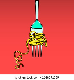 Strands Of Spaghetti Pasta Wrapped Around A Fork. Hand Drawn Vector Illustration.