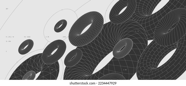 Strange abstract modern wireframes 3d geometric shapes, graphic composition design vector background, illustration with tori of different textures, monochrome figures