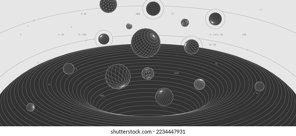 Strange abstract modern wireframes 3d geometric shapes, graphic composition design vector background, flying balls from black hole wormhole, scientific illustration