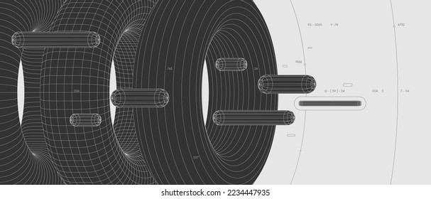 Strange abstract modern wireframes 3d geometric shapes, graphic composition design vector background, flying cylinders through tori with different texture, linear illustration in brutalism style