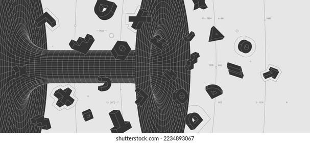 Strange abstract modern wireframes 3d geometric shapes, graphic composition design vector background, minimalist illustration in brutalist style with different figures and black hole tunnel