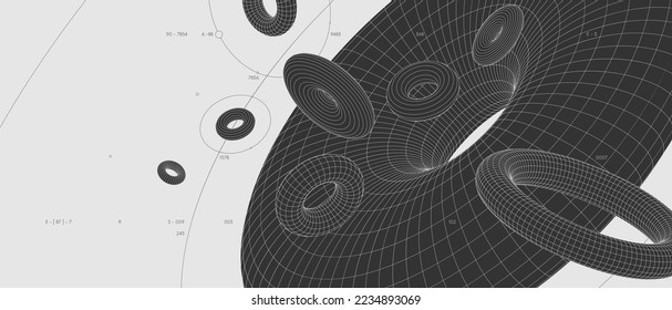 Strange abstract modern wireframes 3d geometric shapes, graphic composition design vector background, monochrome chaotically floating figures in the style of anti-design