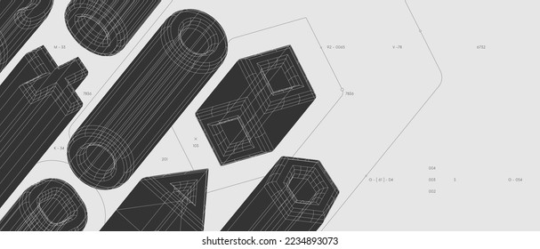 Strange abstract modern wireframes 3d geometric shapes, graphic composition design vector background, various volumetric figures in isometry, anti-design inspired by brutalism, banner 21-9 format