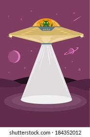 Strange Alien Pilots a Flying Saucer. EPS10 Editable Clip Art.