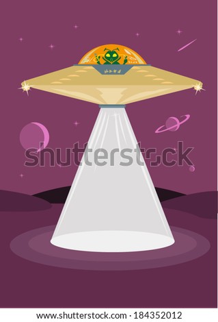 Strange Alien Pilots a Flying Saucer. EPS10 Editable Clip Art.