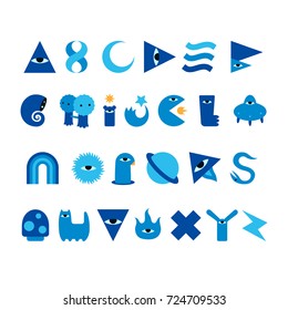 The strange alphabet  compose cute and amazing creatures and obscure objects  