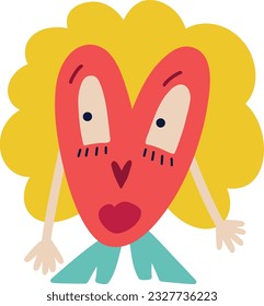 a strange awesome heart with a a smiling muzzle. Love Character. Illustration in a modern children's hand-drawn style