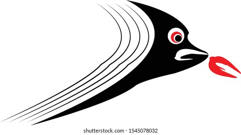 Strange Bird cartoon. Black silhouette. Vector drawing. Isolated object on a white background.