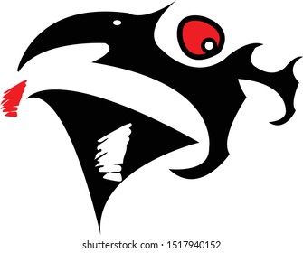 Strange Bird head cartoon. Black silhouette. Vector drawing. Isolated object on a white background