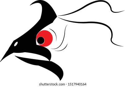 Strange Bird head cartoon. Black silhouette. Vector drawing. Isolated object on a white background
