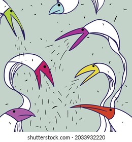 En el lienzo se encuentran extraños pájaros con picos de colores. Algunos de ellos están cantando. 