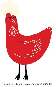 Strange bizarre red chicken with stupid face. Cute comic character bird hand drawn illustration