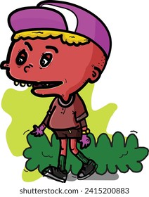 a strange boy with hat play in the park 