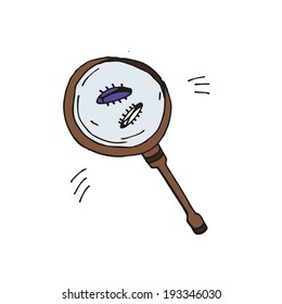 strange bugs under a magnifying glass on a white background