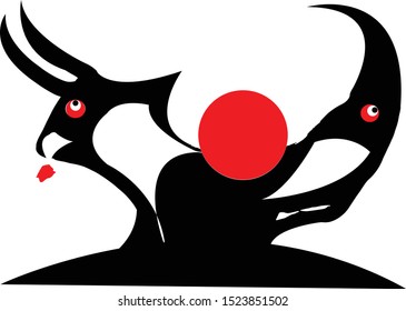 Strange bull cartoon. Black silhouette. Vector drawing. Isolated object on a white background.