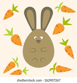 Strange Bunny Flat Stylized Egg Shaped with carrots. Vector illustration