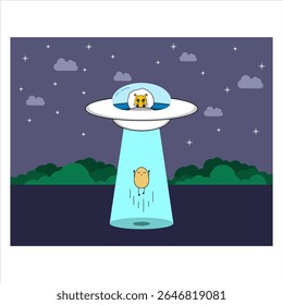 A strange cartoon illustration featuring a UFO piloted by an alien egg abducting an egg in a nighttime forest. Vectordesign. EPS 10.
